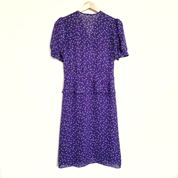 Vintage 80's Floral Print Faux Wrap Midi Dress - Picture 3 of 5